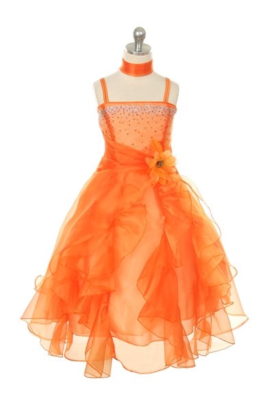 orange childrens organza long ruffle dress
